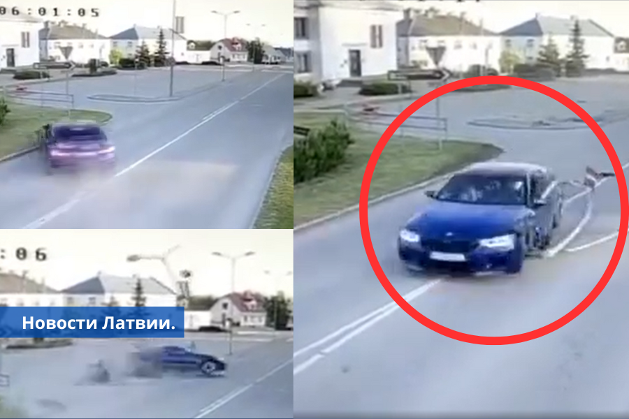 Видео: в Вилянах BMW врезался в фонарный столб и скрылся.