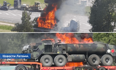 ФОТО: в Саласпилсе загорелся военный бензовоз.