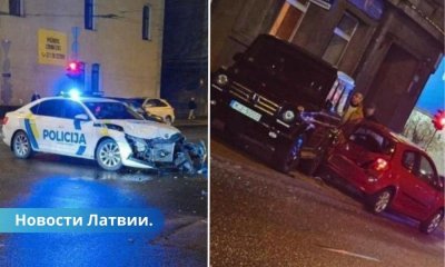 ВИДЕО в Риги автомобиль полиции врезался в курьерскую машину Bolt.