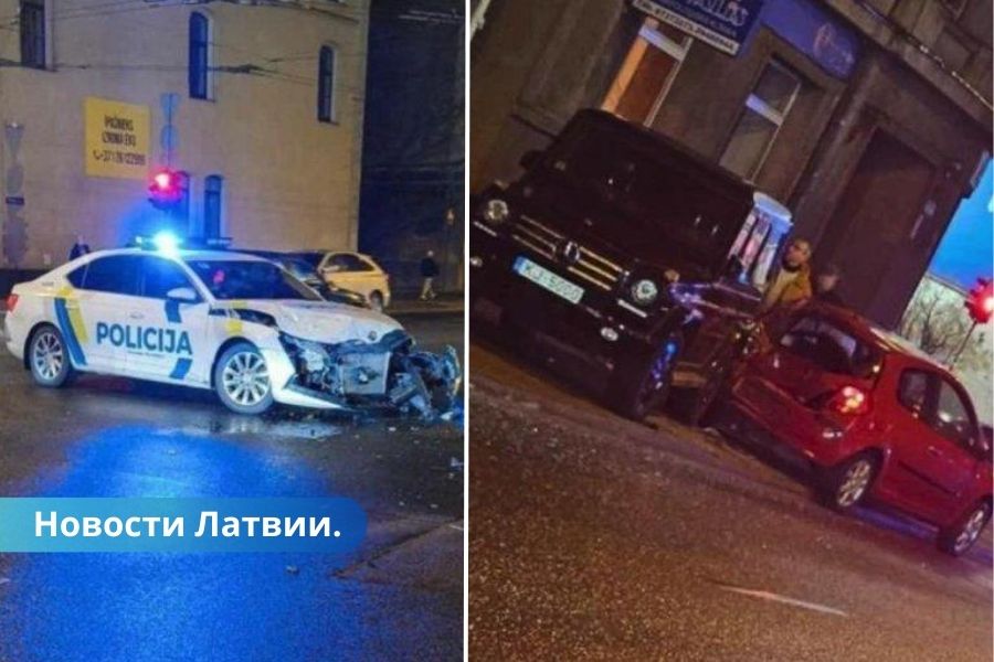 ВИДЕО в Риги автомобиль полиции врезался в курьерскую машину Bolt.