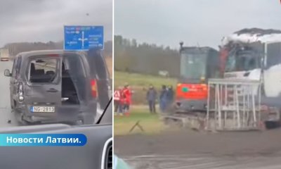 Видео ⟩ в Саласпилсском крае столкнулись микроавтобус, легковушка и грузовик.