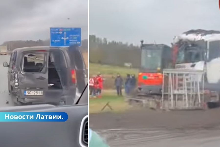 Видео ⟩ в Саласпилсском крае столкнулись микроавтобус, легковушка и грузовик.