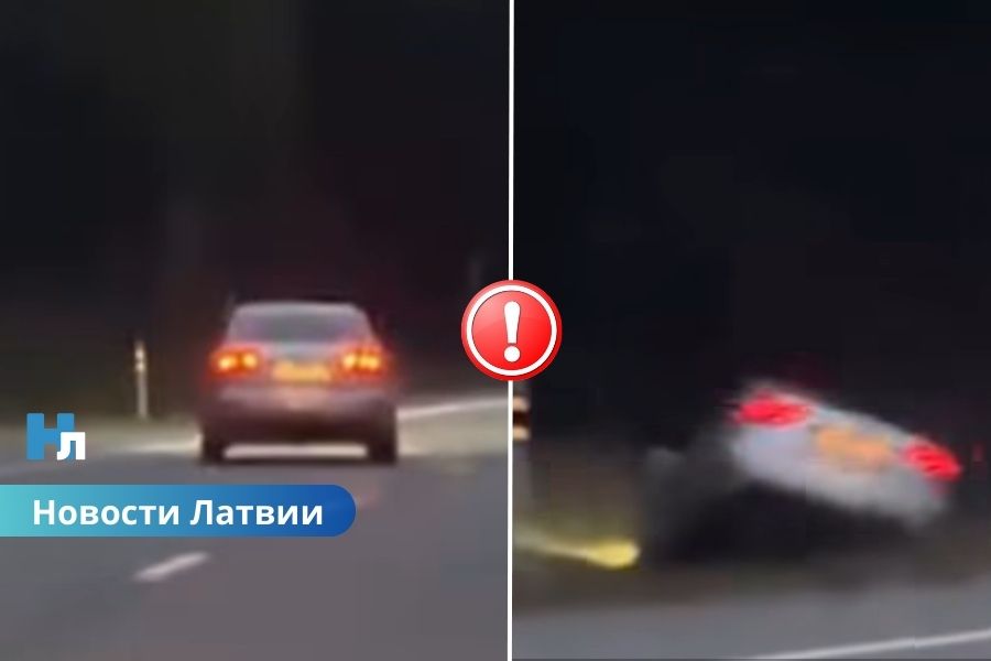 ВИДЕО - опасная авария под Адажи: Audi выехал на встречную полосу и улетел в кювет, пострадали двое.